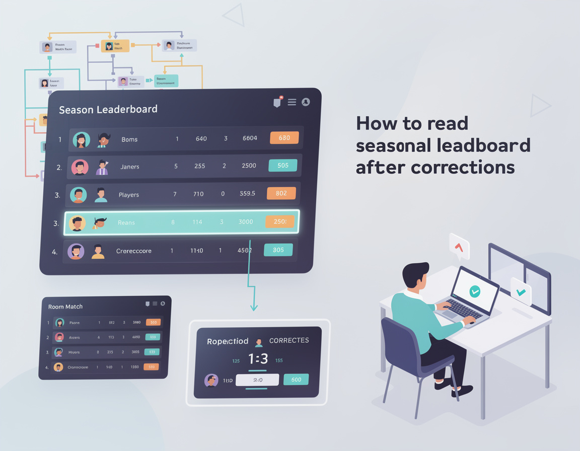 Ilustrasi cara membaca leaderboard season setelah koreksi poin untuk gospin88 dengan bracket, room match, screenshot skor, dan verifikasi admin